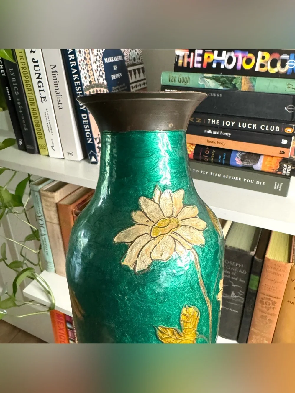 Vintage Cloisonné Brass Vase / Teal Green Floral Enamel / Chinoiserie Home Decor